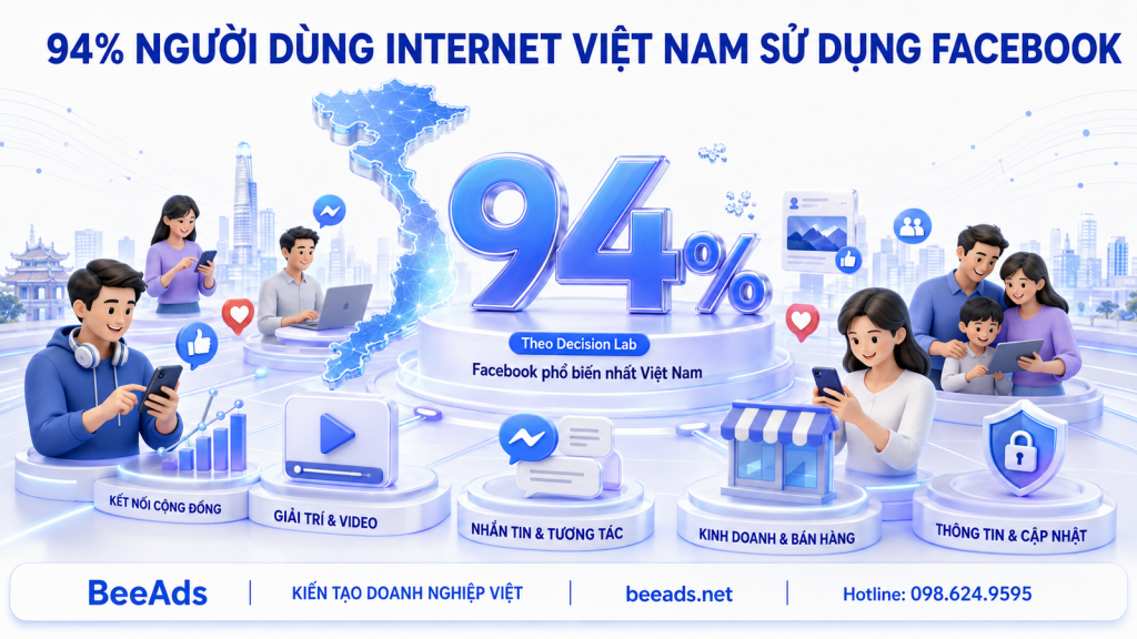 Tỷ lệ sử dụng Facebook trong nhóm người dùng Internet được khảo sát tại Việt Nam đạt 94%