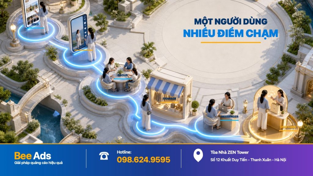 Hành trình người dùng trên Facebook gồm Feed Reels Group Messenger và Fanpage