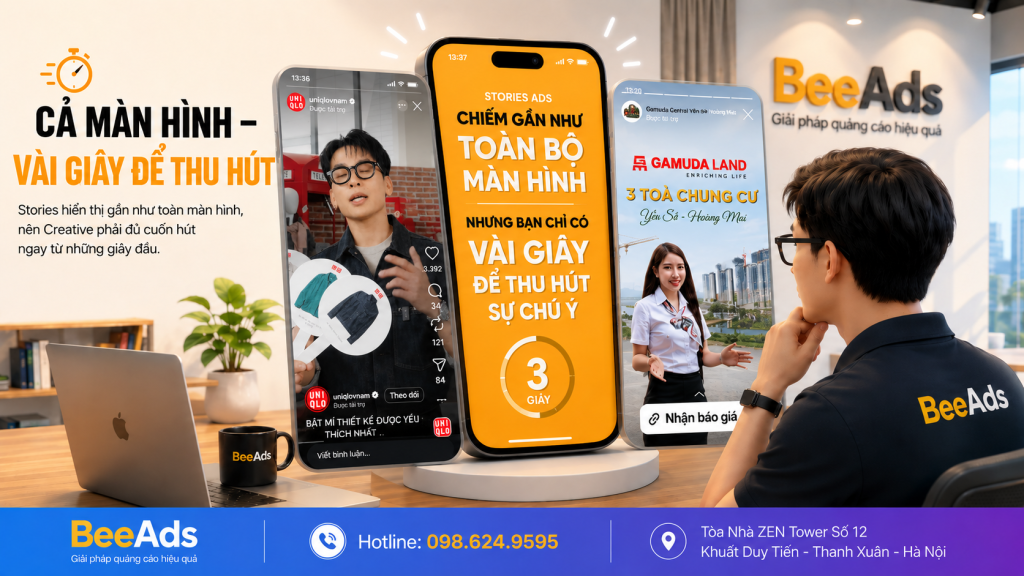 Quảng cáo Stories Facebook và Instagram hiển thị gần như toàn màn hình điện thoại.