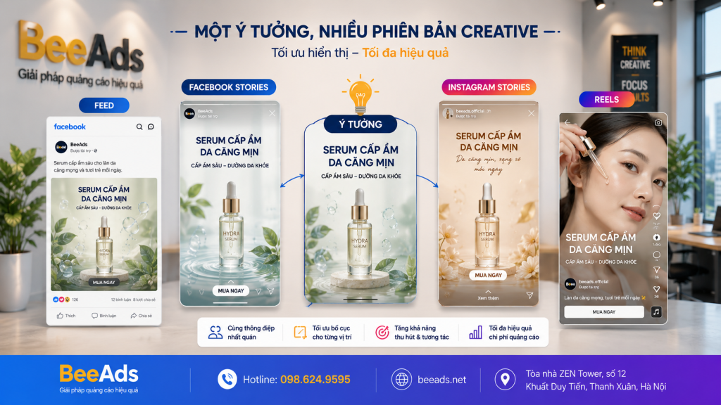 Creative riêng cho Feed Facebook Stories Instagram Stories và Reels.