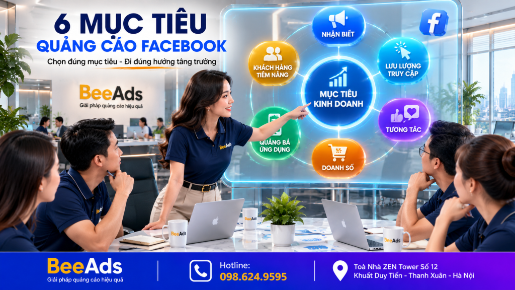 6 mục tiêu quảng cáo Facebook gồm Nhận biết Lưu lượng truy cập Tương tác Khách hàng tiềm năng Quảng bá ứng dụng và Doanh số