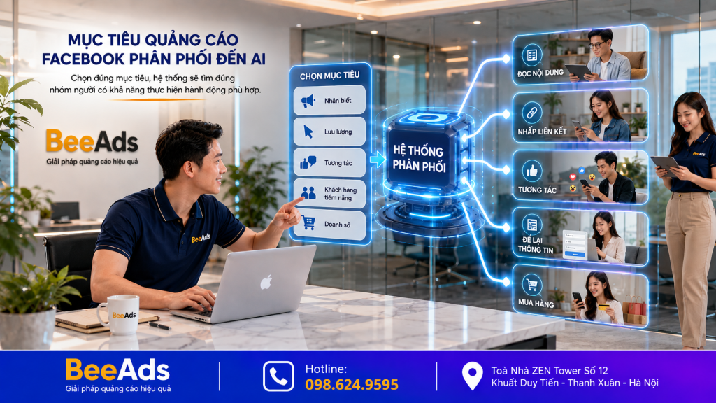 Mục tiêu quảng cáo Facebook quyết định Facebook phân phối quảng cáo đến ai và ưu tiên nhóm người có khả năng thực hiện hành động phù hợp.