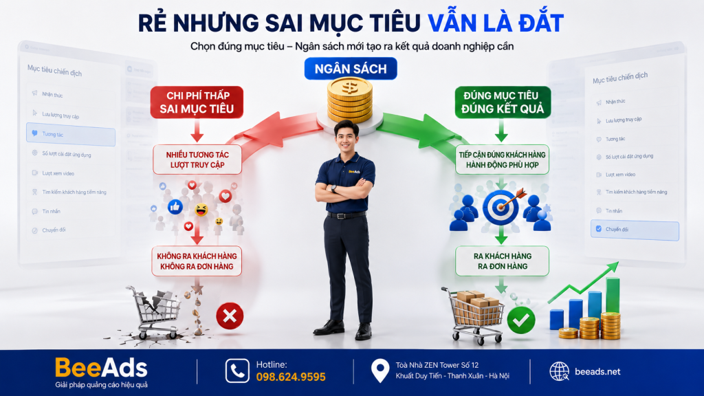 Chọn sai mục tiêu quảng cáo Facebook có thể khiến ngân sách bị sử dụng không đúng kết quả kinh doanh.