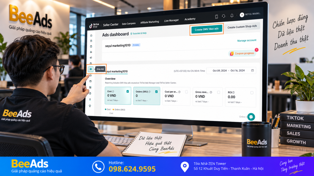 Giao diện thực tế quảng cáo TikTok Shop và GMV Max