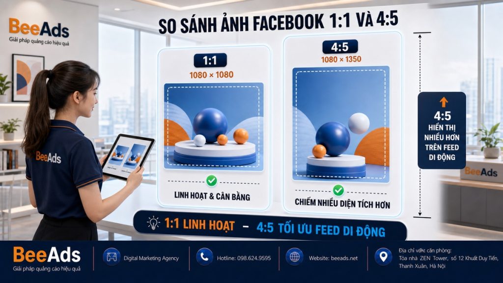 So sánh kích thước ảnh vuông 1:1 và ảnh dọc 4:5 trên Facebook Feed
