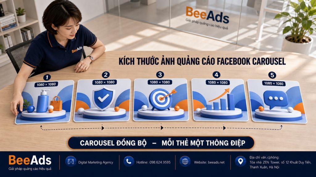 Kích thước ảnh Carousel Facebook 1080 × 1080 px mỗi thẻ