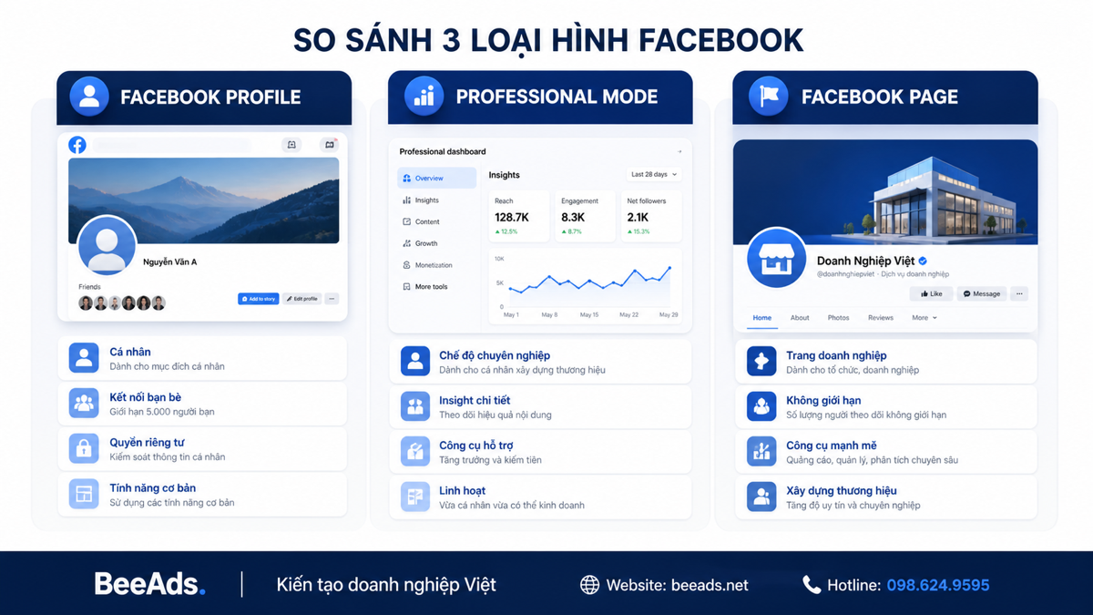 So sánh Facebook Profile Professional Mode và Fanpage