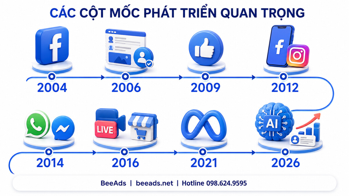 Các cột mốc phát triển quan trọng của Facebook từ 2004 đến 2026