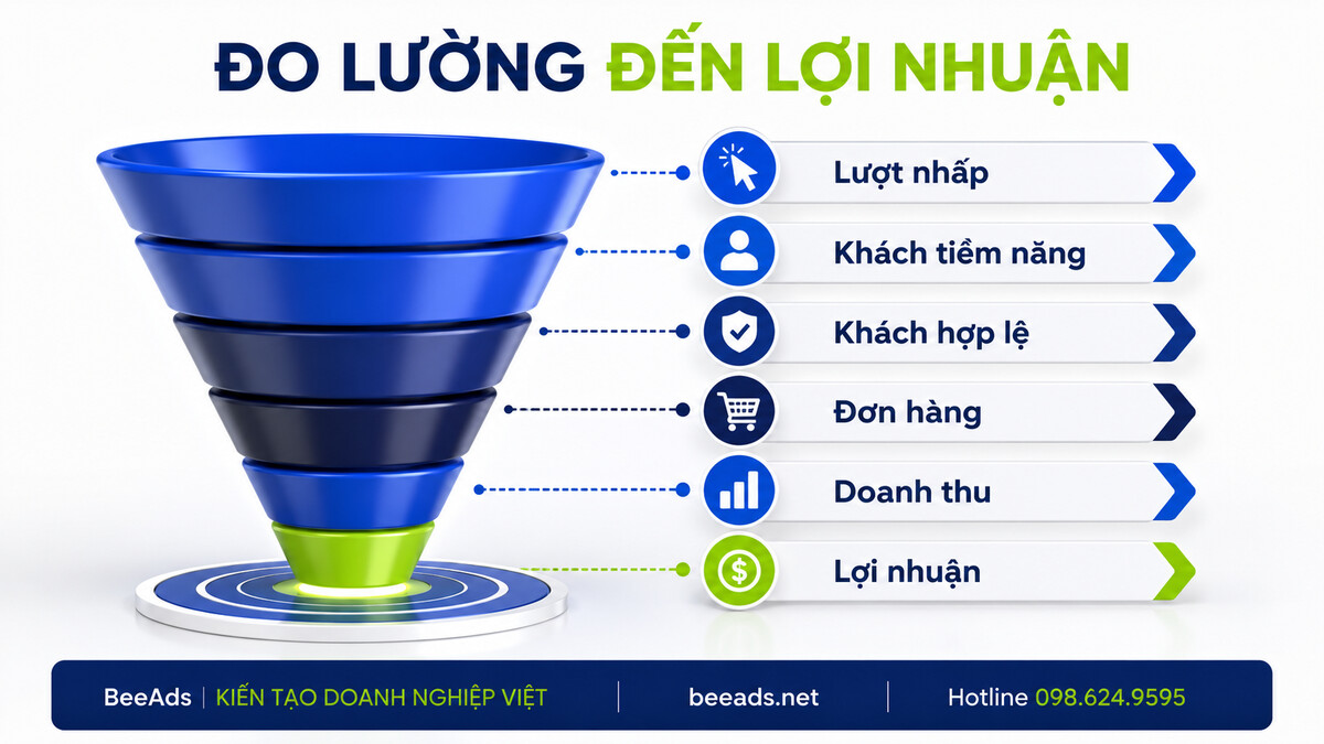 Phễu đo lường từ lượt nhấp đến khách hợp lệ doanh thu và lợi nhuận