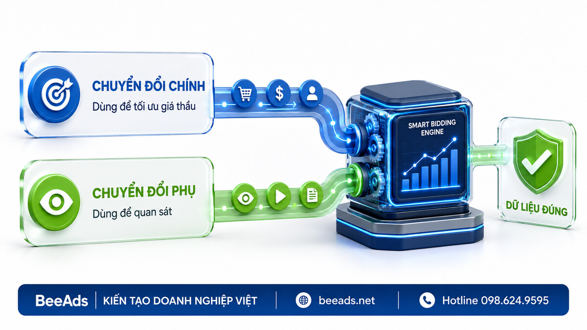 Phân biệt chuyển đổi chính để tối ưu giá thầu và chuyển đổi phụ để quan sát
