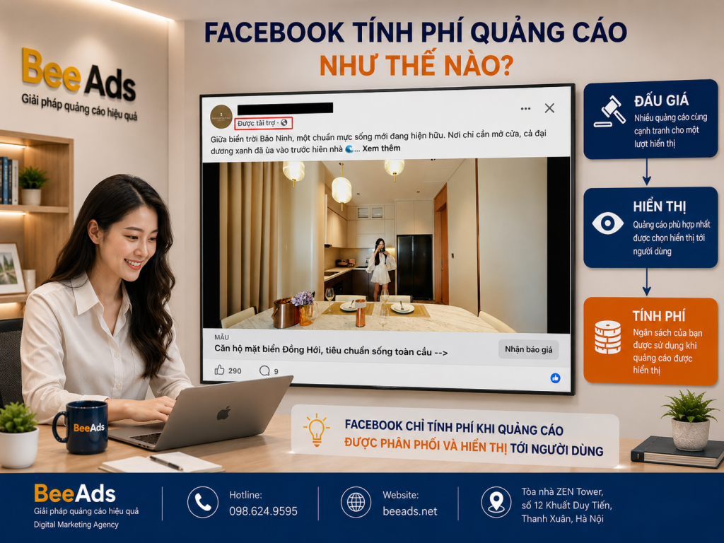 Facebook tính phí quảng cáo thông qua đấu giá, phân phối và hiển thị quảng cáo tới người dùng