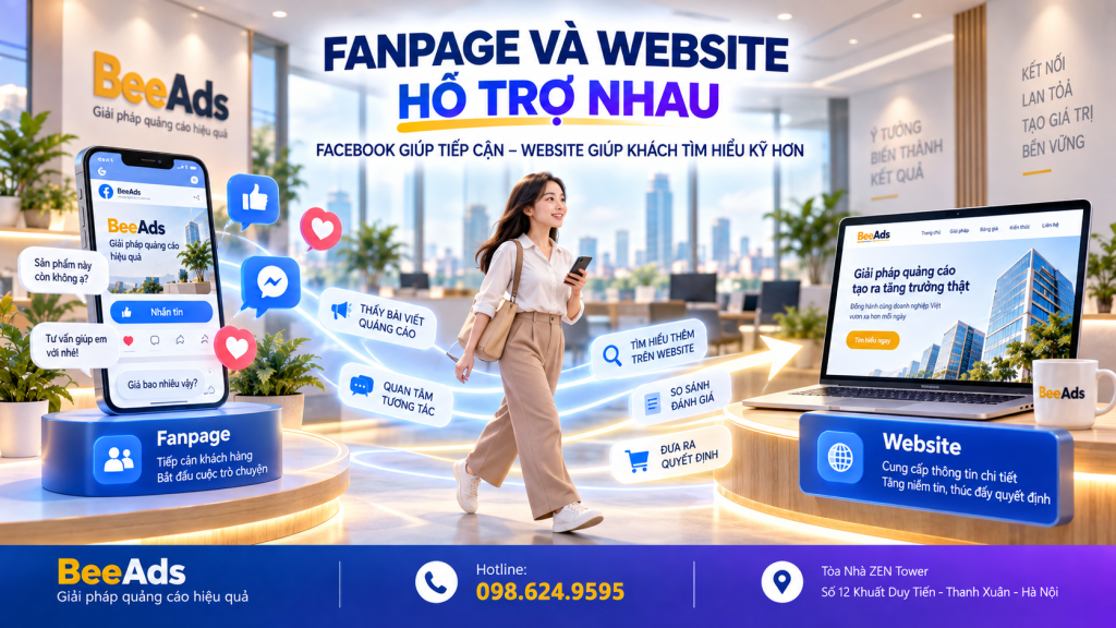 Fanpage và Website hỗ trợ nhau trong quảng cáo Facebook