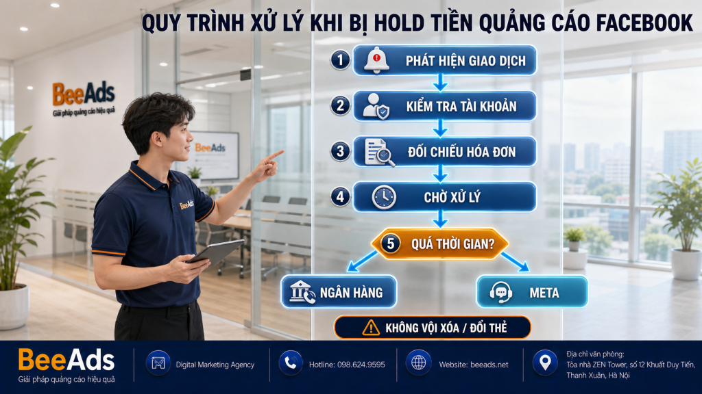 Quy trình xử lý khi bị hold tiền quảng cáo Facebook
